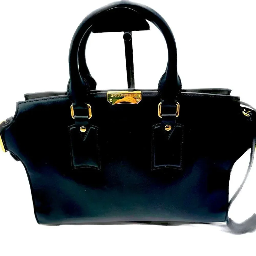 Auth Burberry Black Matte Leather Clifton Convertible 2way Handbag Purse